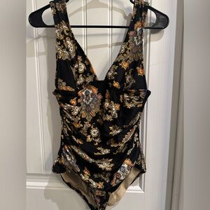J. Crew Black and Gold Paisley Bodysuit